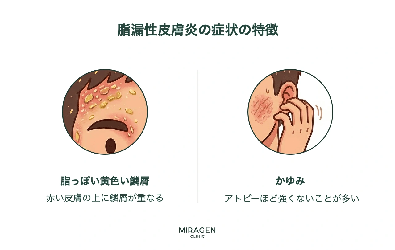 脂漏性皮膚炎の代表的な症状2つをイラストで示すインフォグラフィックで、赤い皮膚の上に蓄積する脂っぽい黄色い鱗屑と、アトピーよりは軽度のかゆみ症状を説明