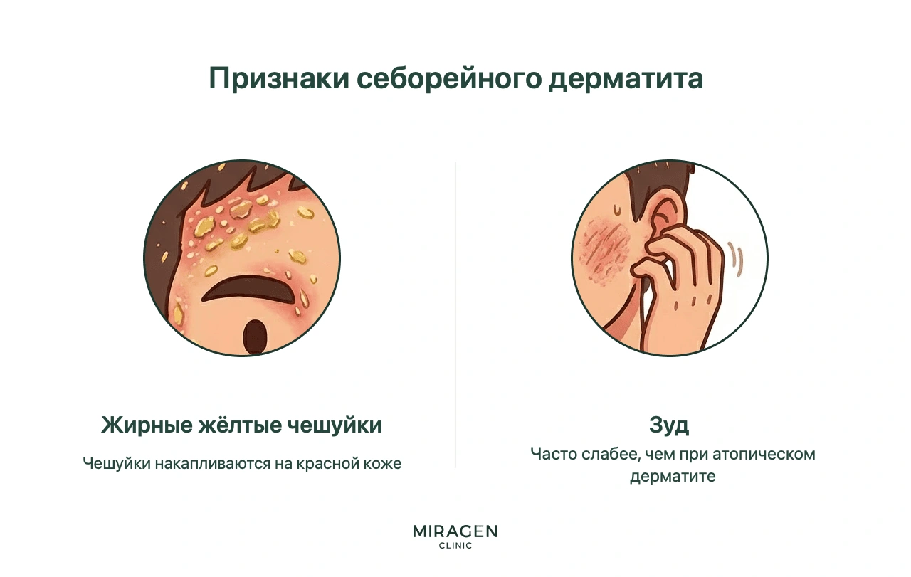 Иллюстрация двух типичных симптомов себорейного дерматита: жирные жёлтые чешуйки на покрасневшей коже и зуд, обычно менее выраженный, чем при атопическом дерматите