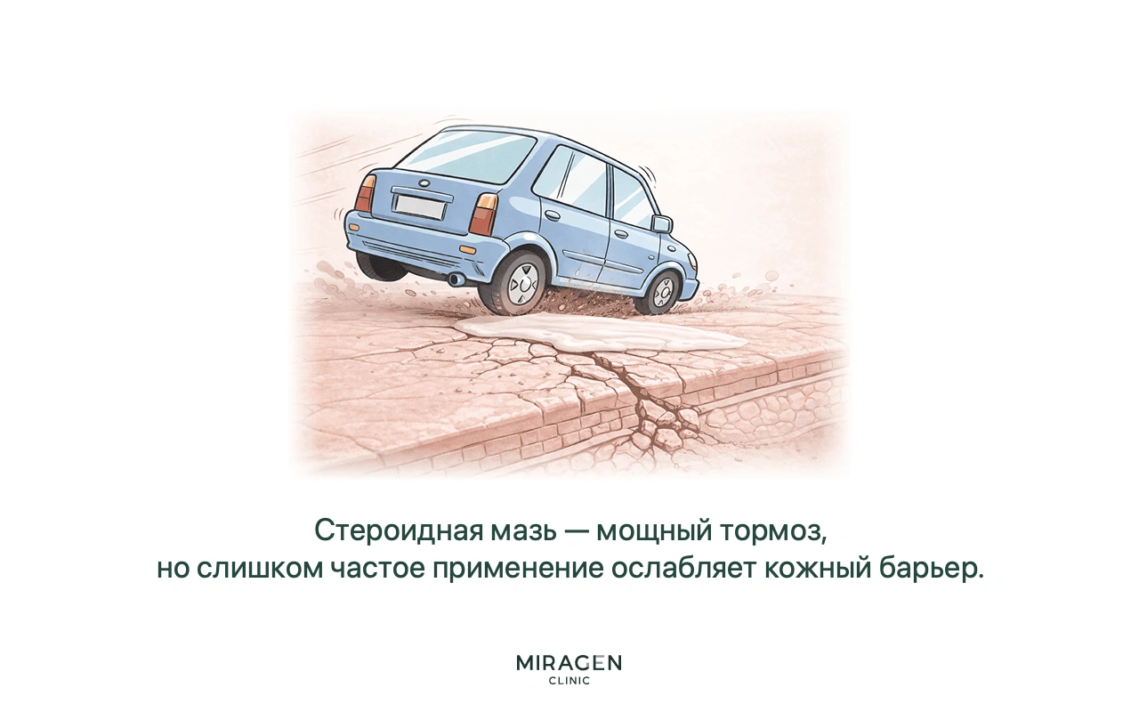 Инфографика с аналогией экстренного тормоза: наружный кортикостероид нужно точно наносить только на участки лихенификации, где он необходим