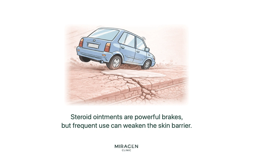 An illustration comparing topical steroid ointments to a car’s emergency brake—useful in urgent situations, but warning that pressing it too often can cause cracks in the skin barrier