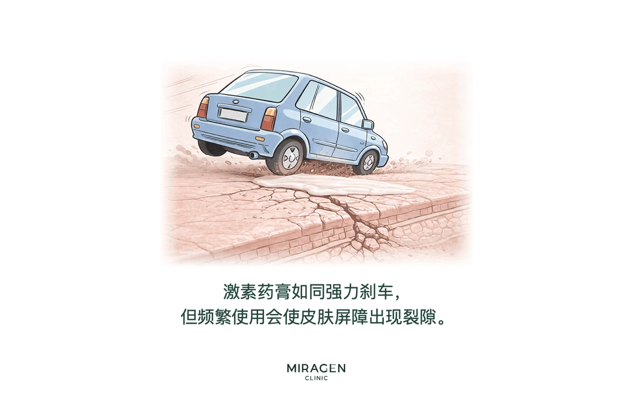 “紧急刹车”信息图，强调外用类固醇只应准确使用于需要治疗的苔藓样变部位