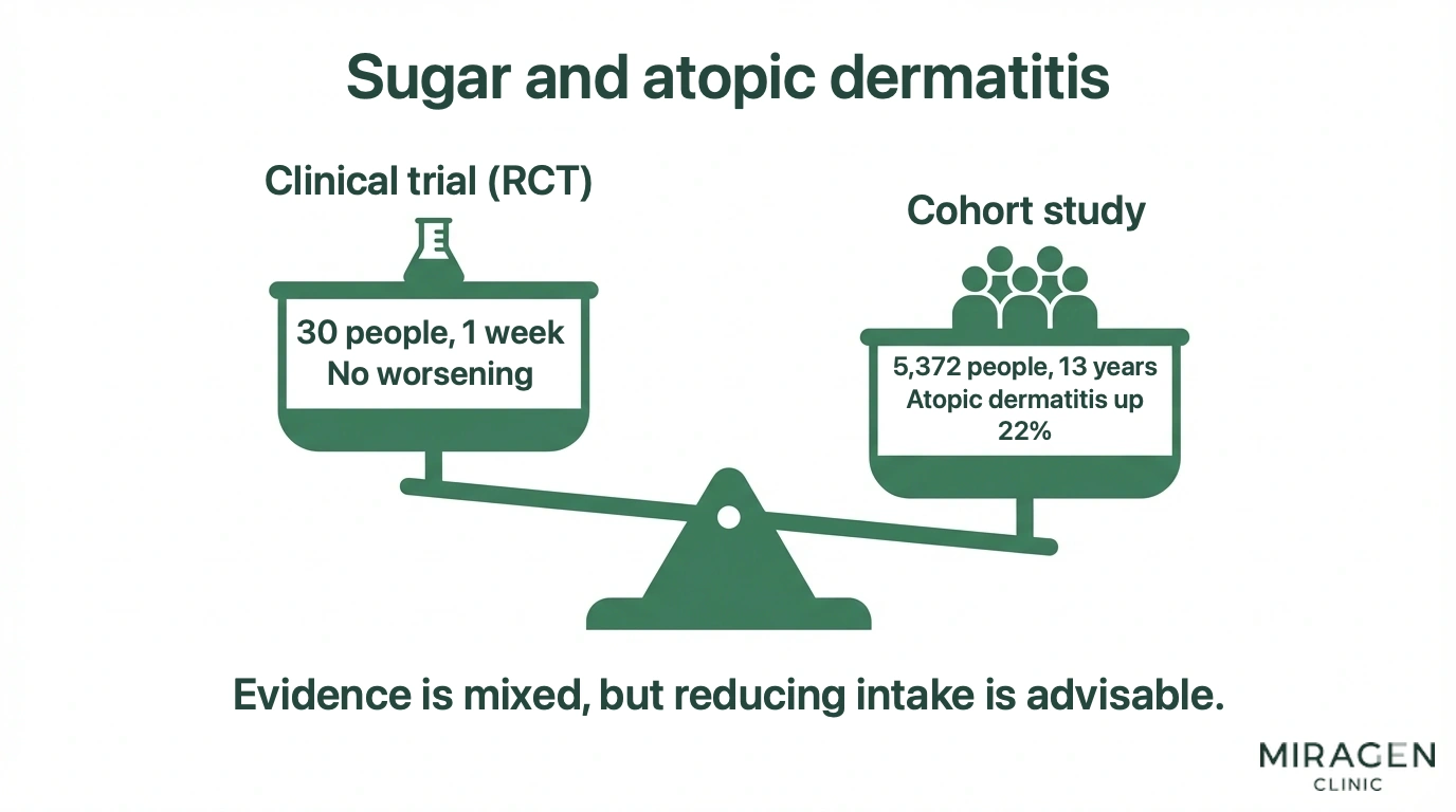 An infographic comparing the level of evidence by placing the conflicting results of a short-term clinical trial of 30 people and a long-term observational study of 5,372 people on a scale regarding the relationship between sugar and atopic dermatitis.