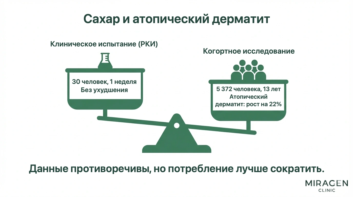 Инфографика в виде весов сопоставляет противоречивые данные о сахаре и атопическом дерматите: короткое клиническое испытание с 30 людьми и длительное наблюдение за 5 372 детьми