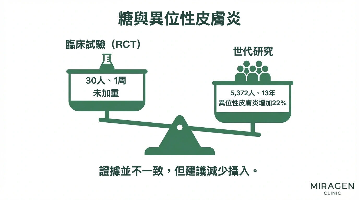 資訊圖用天平比較糖與異位性皮膚炎之間兩項結論相反的研究:30 人的短期臨床試驗與 5,372 人的長期觀察研究,以及各自的證據侷限
