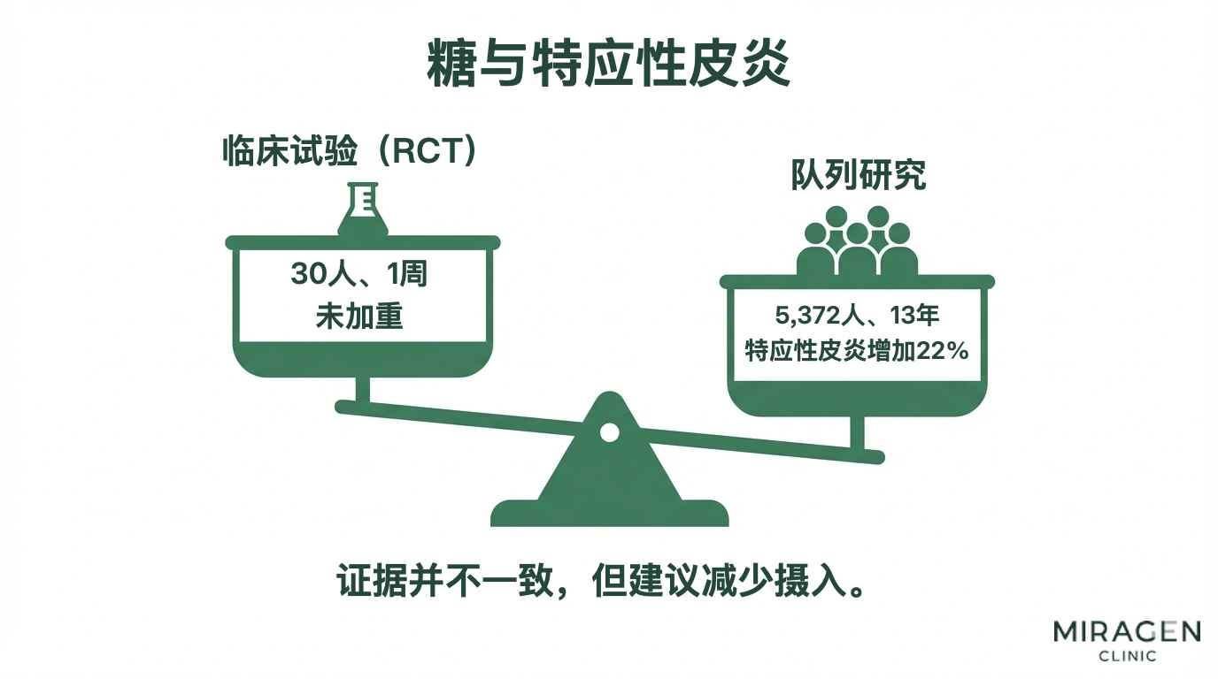 信息图用天平比较糖与特应性皮炎之间两项结论相反的研究：30 人的短期临床试验与 5,372 人的长期观察研究，以及各自的证据局限