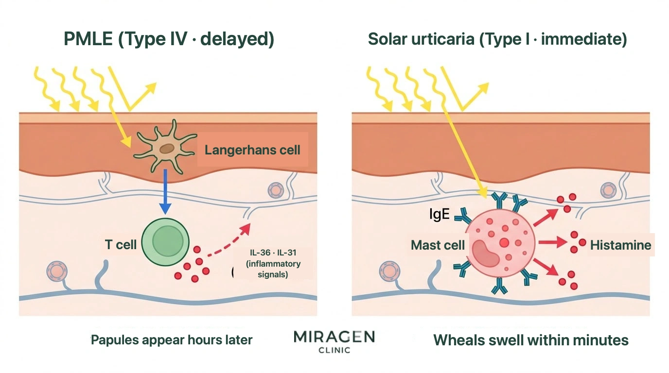 Cross-sectional illustration comparing the T-cell mechanism (Type IV delayed) of PMLE with the mast cell and IgE mechanism (Type I immediate) of solar urticaria.