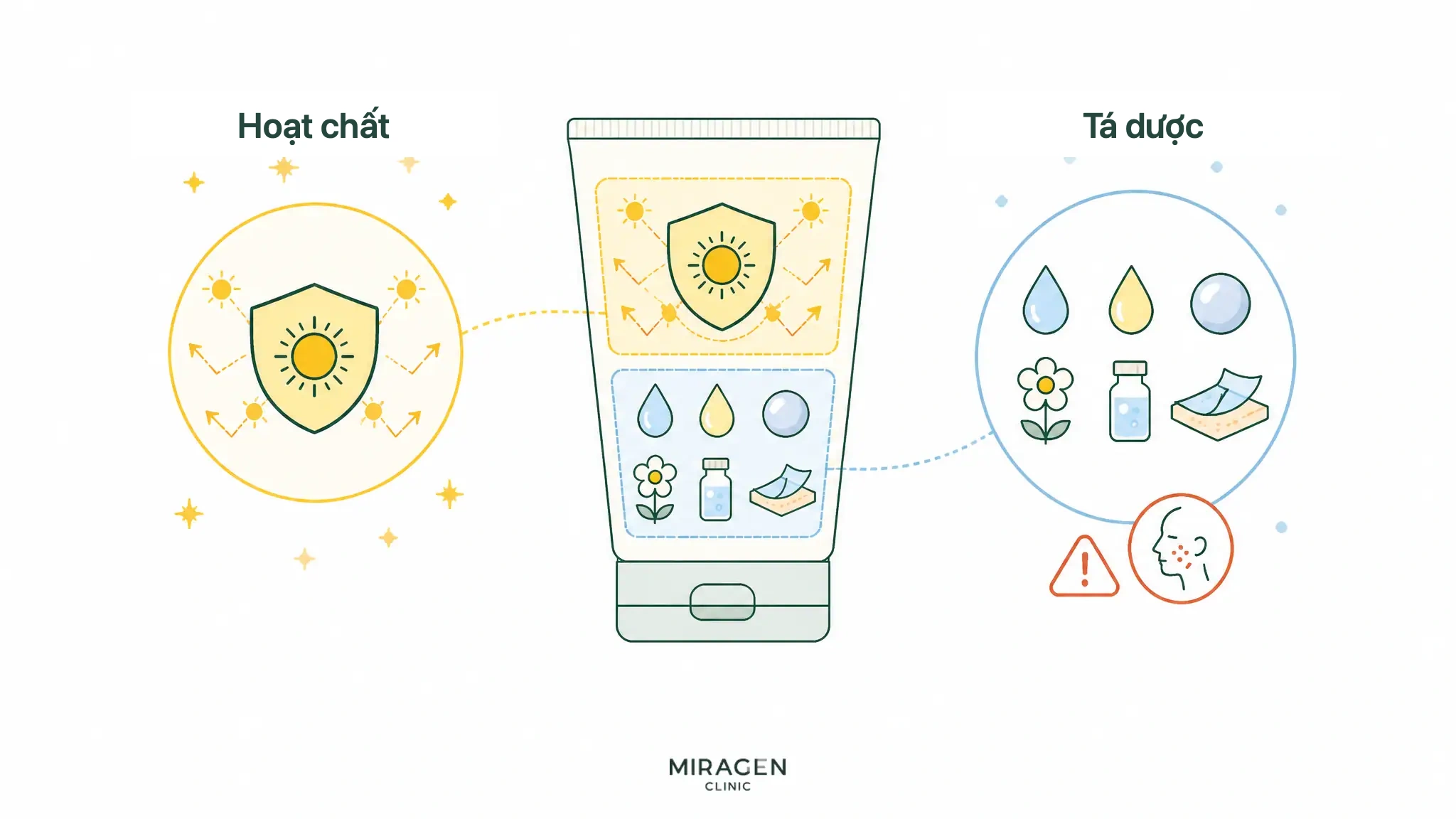 Hình như nhãn sản phẩm chia hoạt chất chống nắng và các thành phần không hoạt tính, nhấn mạnh cả hai đều cần xem xét