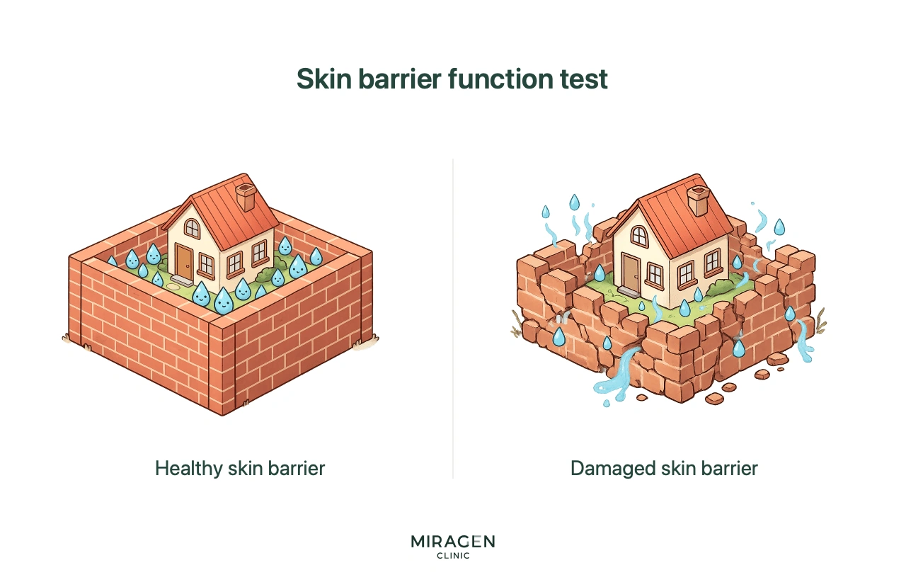 Infographic illustrating the skin barrier function test that measures the amount of water evaporating from the skin surface (TEWL, Trans-Epidermal Water Loss) to quantify the degree of skin barrier damage