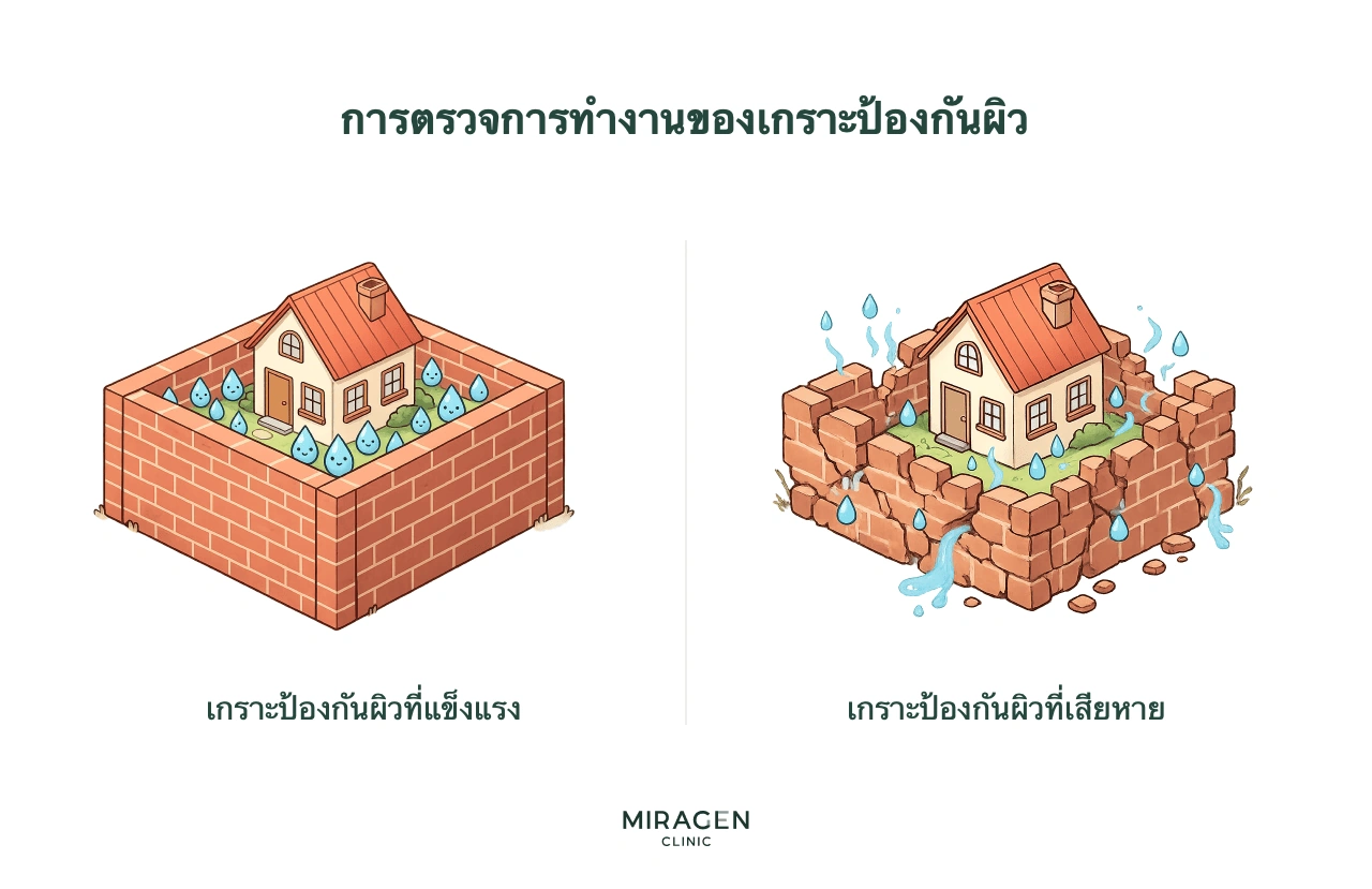 ภาพอธิบายการตรวจการทำงานของเกราะป้องกันผิวโดยวัดปริมาณน้ำที่ระเหยจากผิว หรือ TEWL เพื่อแสดงระดับความเสียหายเป็นตัวเลข