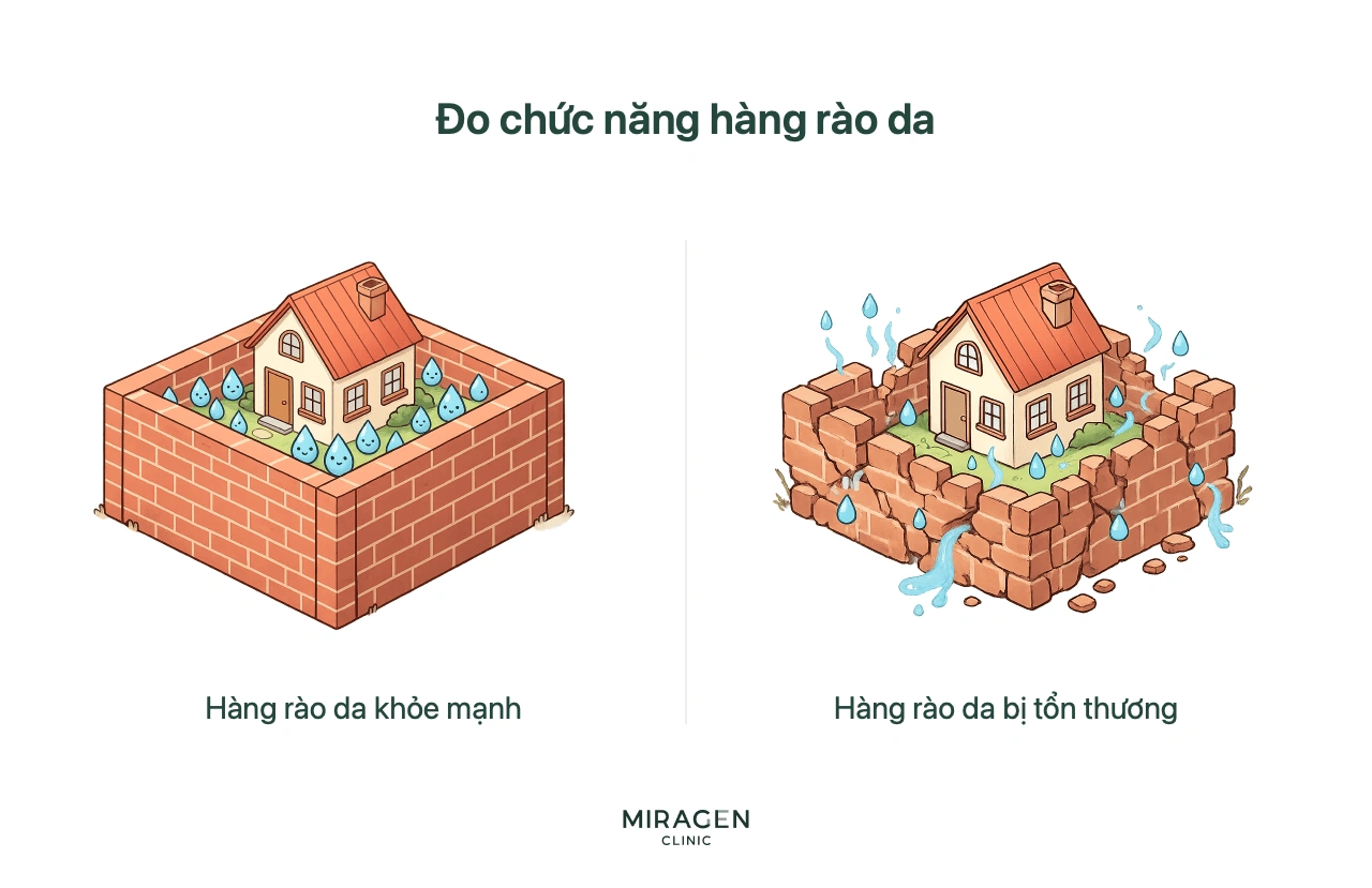 Đồ họa giải thích phép đo lượng nước mất qua biểu bì TEWL từ bề mặt da để định lượng mức tổn thương hàng rào da