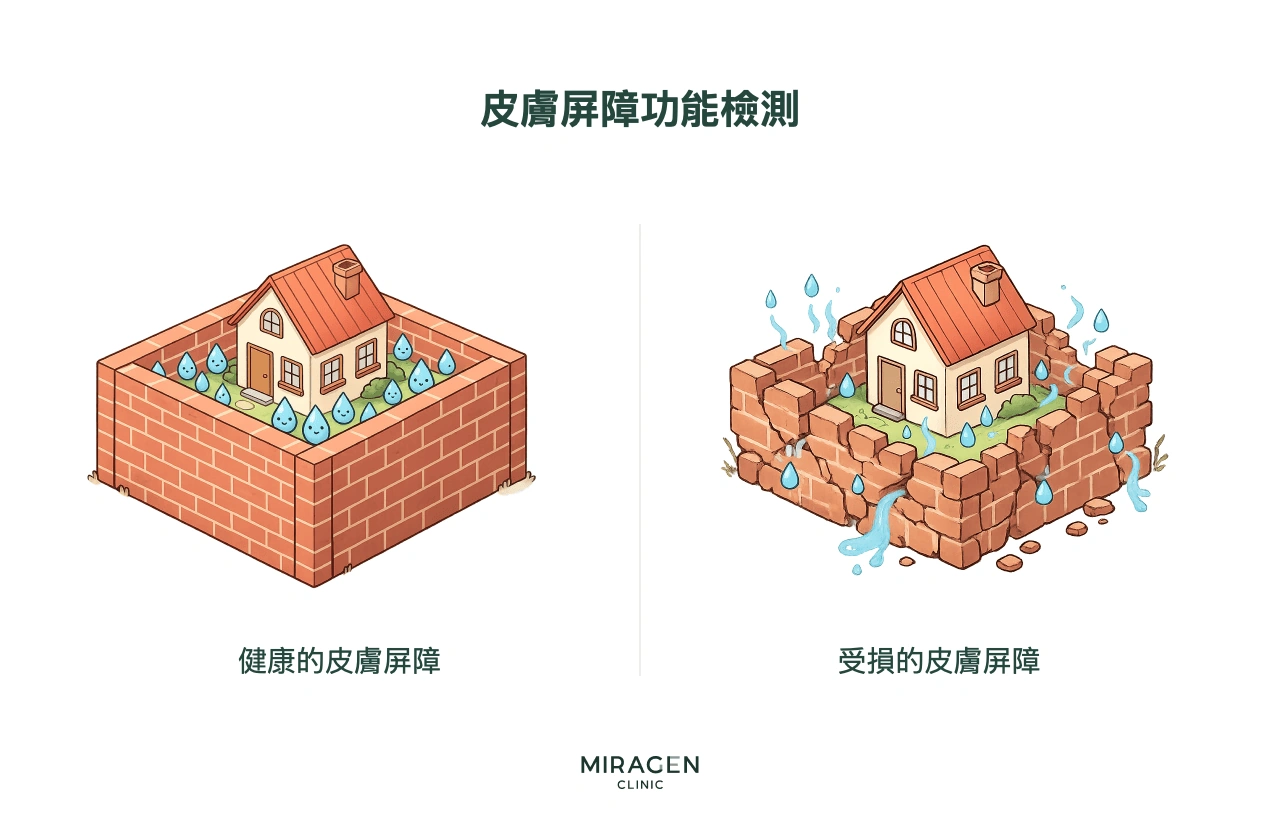 皮膚屏障功能檢查的資訊圖:測量皮膚表面逸出的水分量(TEWL,經皮水分流失量),以數值確認皮膚屏障的受損程度