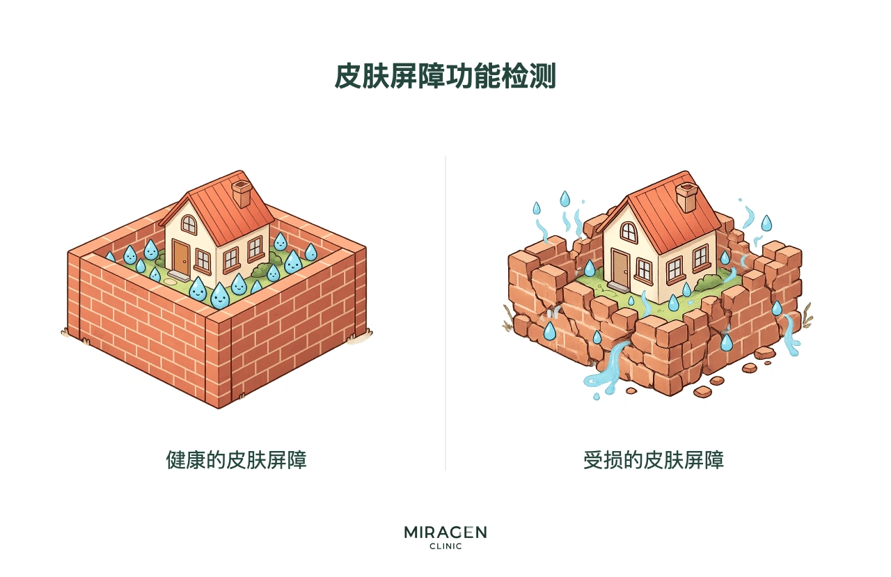 皮肤屏障功能检查的信息图：测量皮肤表面逸出的水分量（TEWL，经皮水分流失量），以数值确认皮肤屏障的受损程度