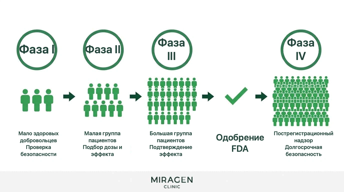 Схема показывает задачи и размеры групп в фазах клинических испытаний I–IV, отличая их от наблюдательных исследований