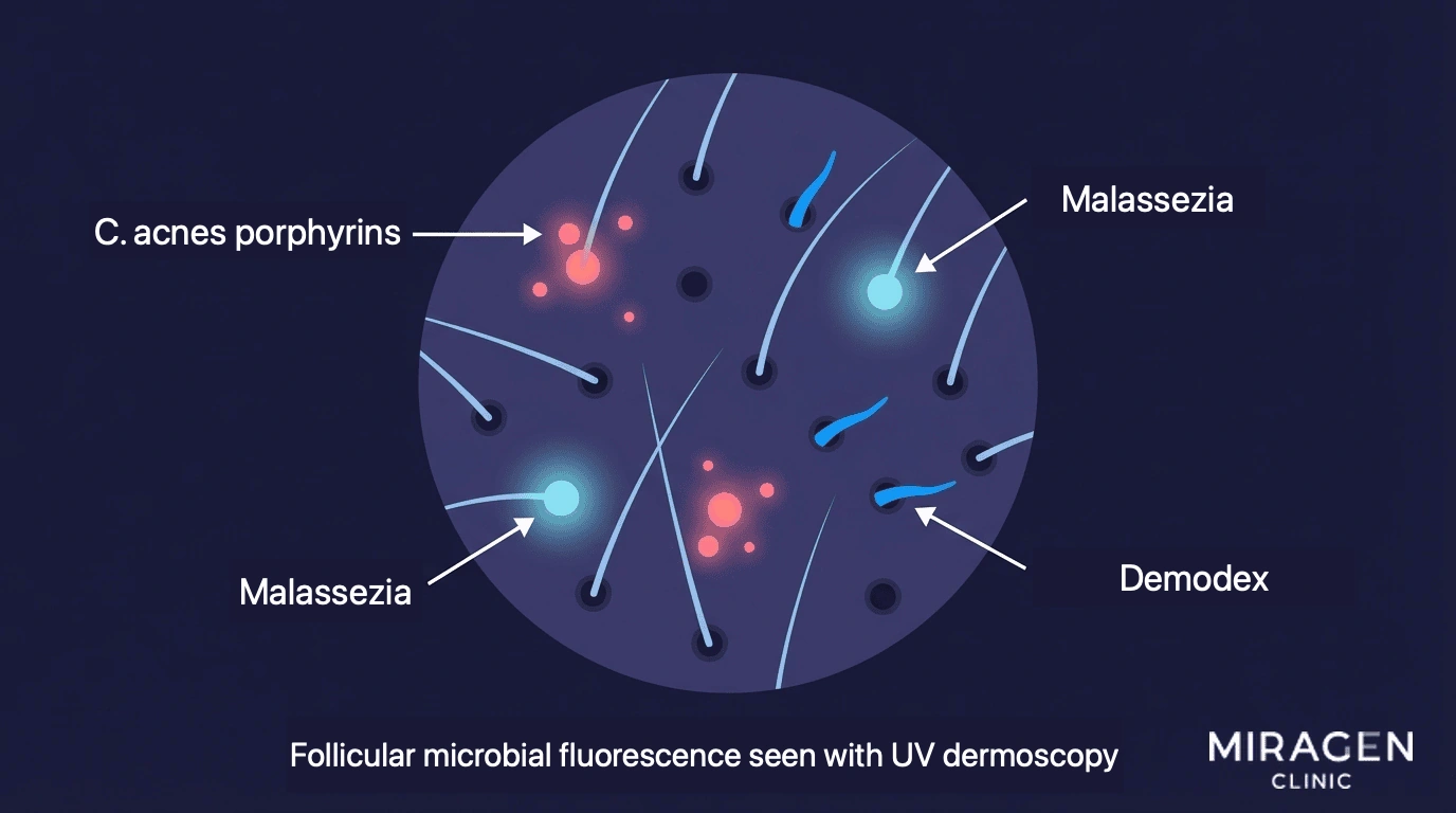 Educational illustration showing the differences in fluorescence among microorganisms around hair follicles under UV dermoscopy — Comparison of pink C. acnes porphyrin, light blue Malassezia, and bright blue Demodex fluorescence.