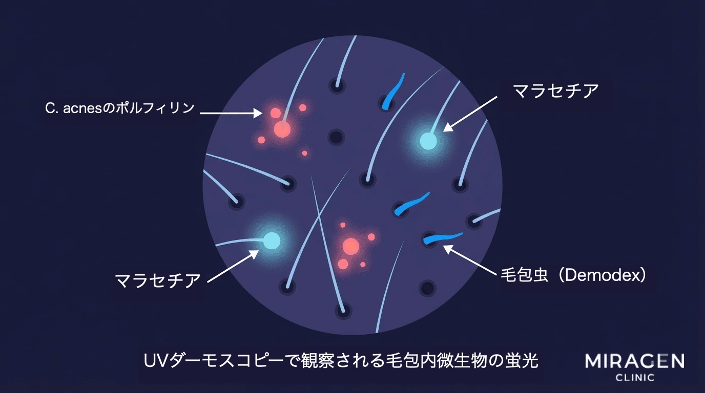 UVダーモスコピー視野で毛包周辺の微生物別蛍光の違いを示す教育用イラスト — ピンク色のC. acnesポルフィリン、淡い青色のマラセチア、明るい青色の毛包虫(Demodex)蛍光の比較