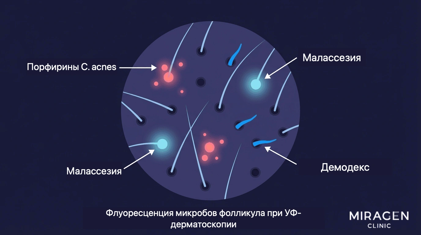 Обучающая иллюстрация УФ-дерматоскопии сравнивает флуоресценцию микроорганизмов у фолликула: розовые порфирины C. acnes, светло-голубое свечение Malassezia и ярко-голубое свечение Demodex