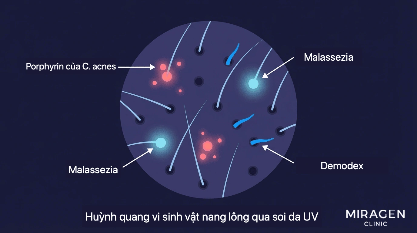 Minh họa giáo dục so sánh huỳnh quang của vi sinh vật quanh nang lông dưới dermoscope UV: porphyrin của C. acnes màu hồng, Malassezia màu xanh nhạt và Demodex màu xanh lam sáng