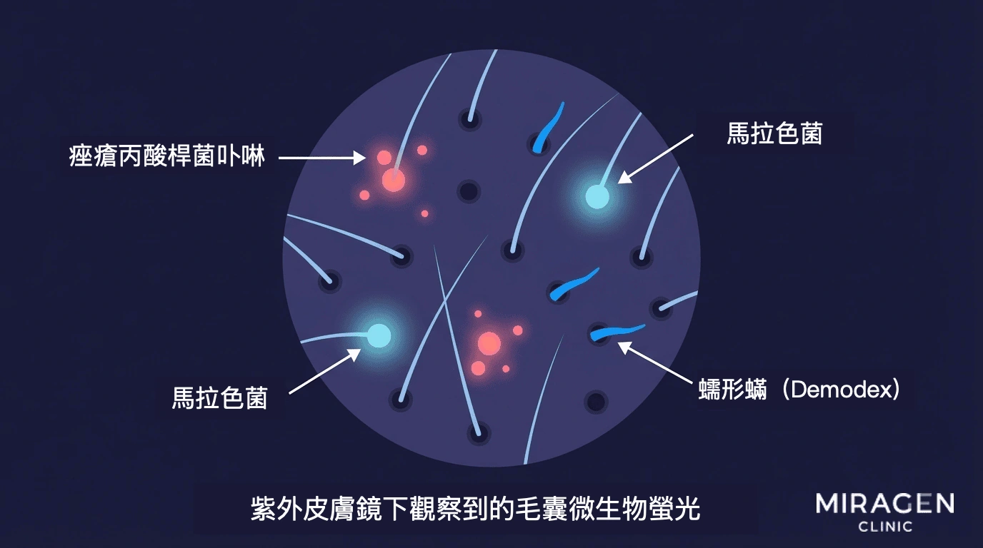 UV 皮膚鏡教學圖，比較毛囊周圍微生物的螢光：粉紅色痤瘡丙酸桿菌卟啉、淡藍色馬拉色菌與亮藍色蠕形蟎