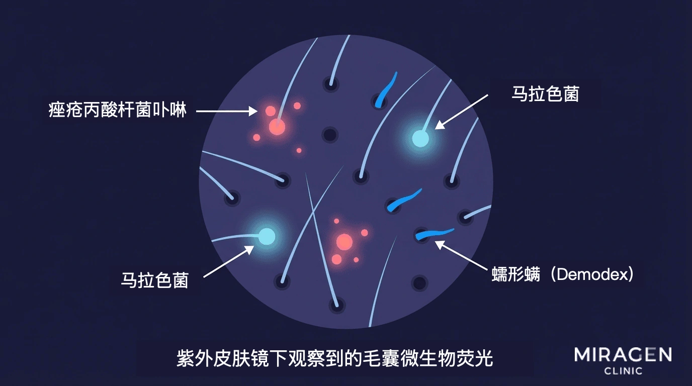 UV 皮肤镜教学图，比较毛囊周围微生物的荧光：粉红色痤疮丙酸杆菌卟啉、淡蓝色马拉色菌与亮蓝色蠕形螨