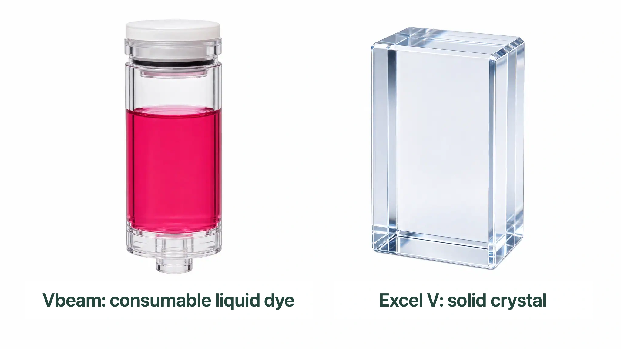 Comparison illustration showing a dye cartridge filled with pink liquid on the left and a transparent crystal block on the right, highlighting the difference in light-source media between Vbeam and Excel V