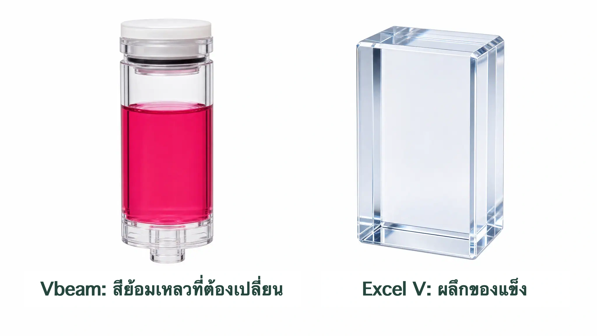 ภาพเปรียบเทียบตลับสีย้อมเหลวสีชมพูทางซ้ายกับแท่งผลึกใสทางขวา เพื่อแสดงความต่างของตัวกลางกำเนิดแสงของวีบีมและเอ็กเซลวี
