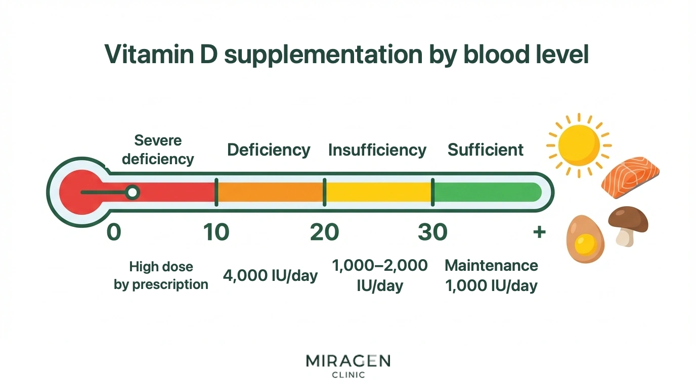 A guide infographic visualizing the deficiency stages from blood vitamin D levels below 10 to above 30 in a thermometer format, along with recommended supplementation dosages and food sources for each stage.