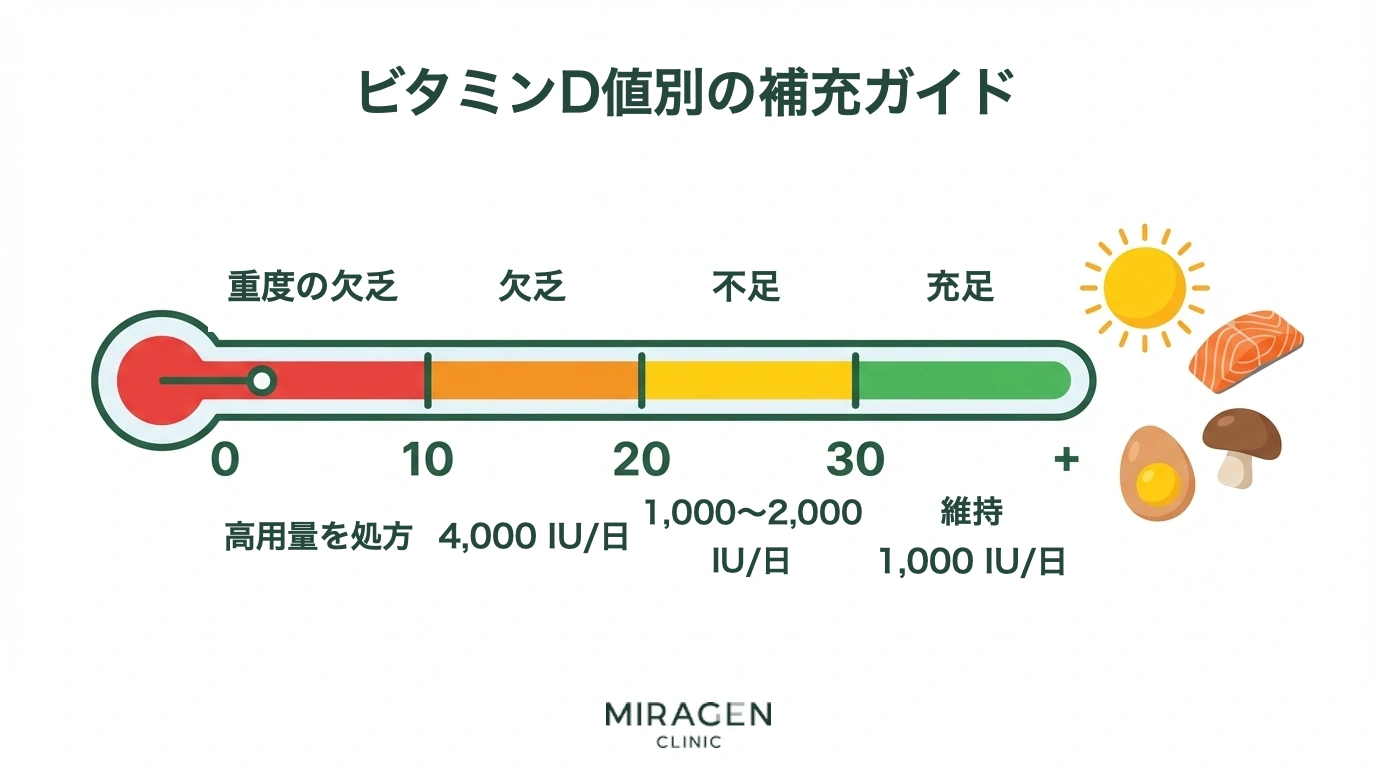 ビタミンD検査結果に応じた数値別の欠乏段階と推奨補充量を温度計形式で視覚化したガイドインフォグラフィック