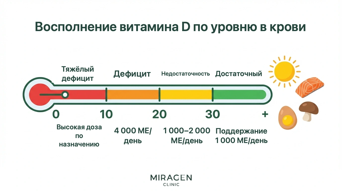 Инфографика в виде термометра: степени недостатка витамина D по результатам анализа и рекомендуемые дозы для восполнения