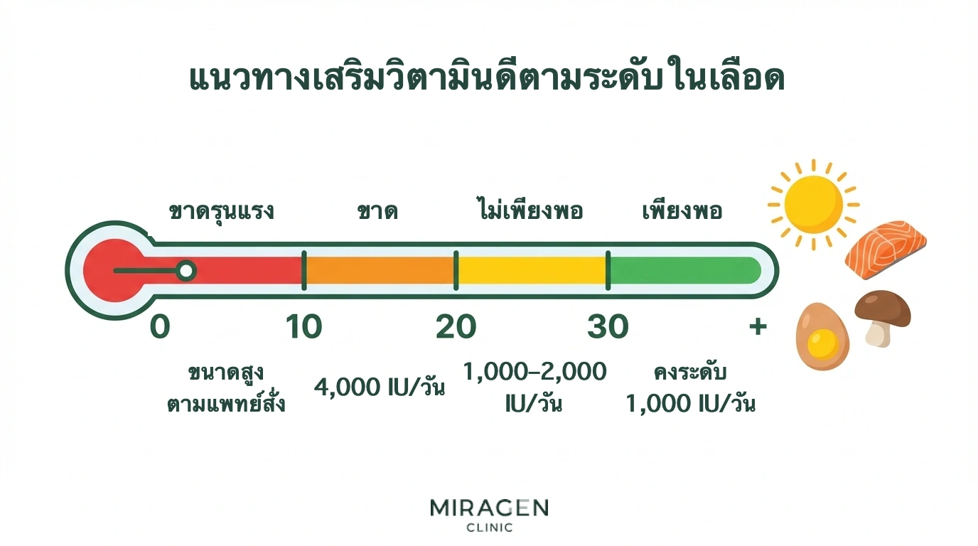 ภาพคู่มือรูปเทอร์โมมิเตอร์ แสดงระดับการขาดวิตามินดีตามผลตรวจและปริมาณเสริมที่แนะนำ
