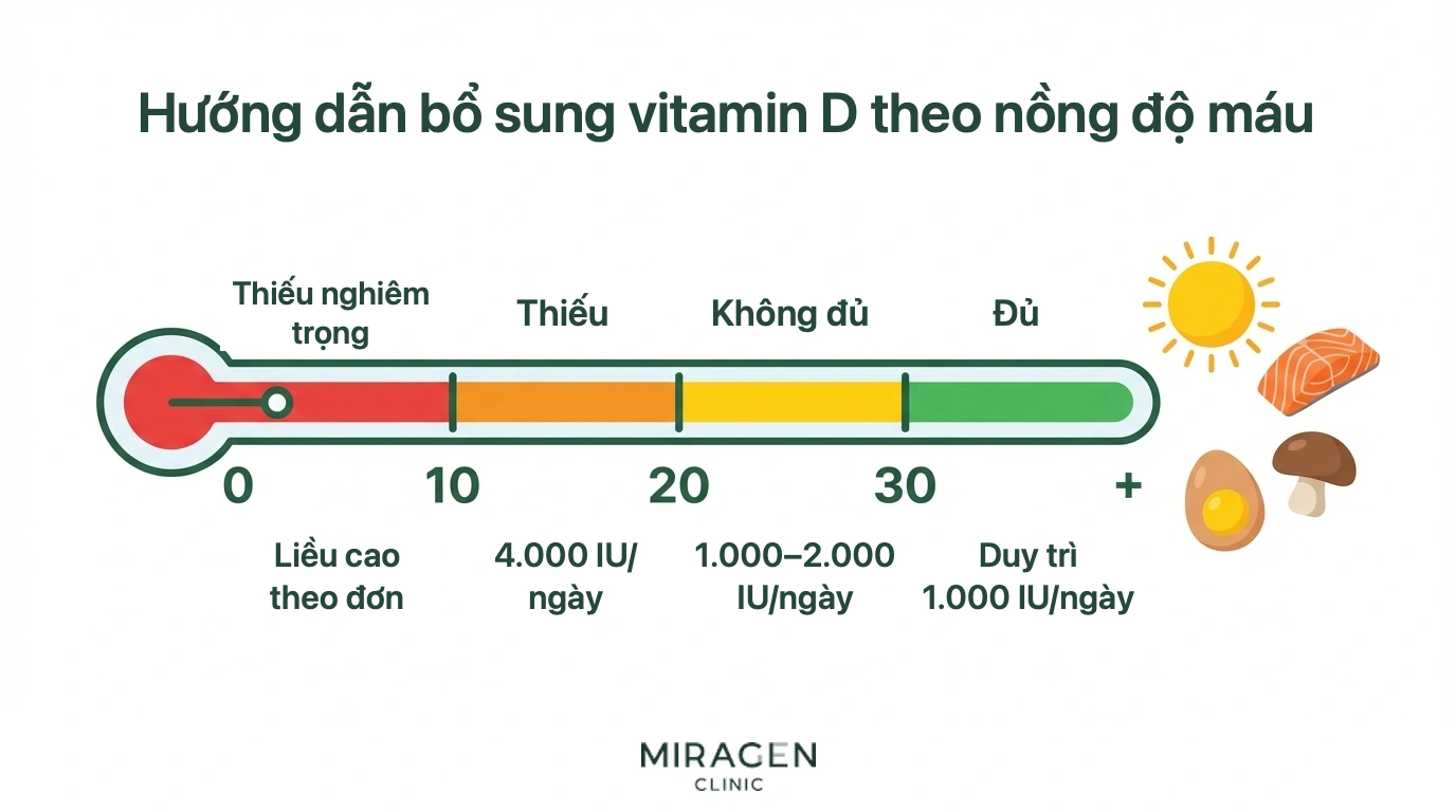 Đồ họa dạng nhiệt kế thể hiện các mức thiếu vitamin D theo kết quả xét nghiệm và liều bổ sung khuyến nghị cho từng mức