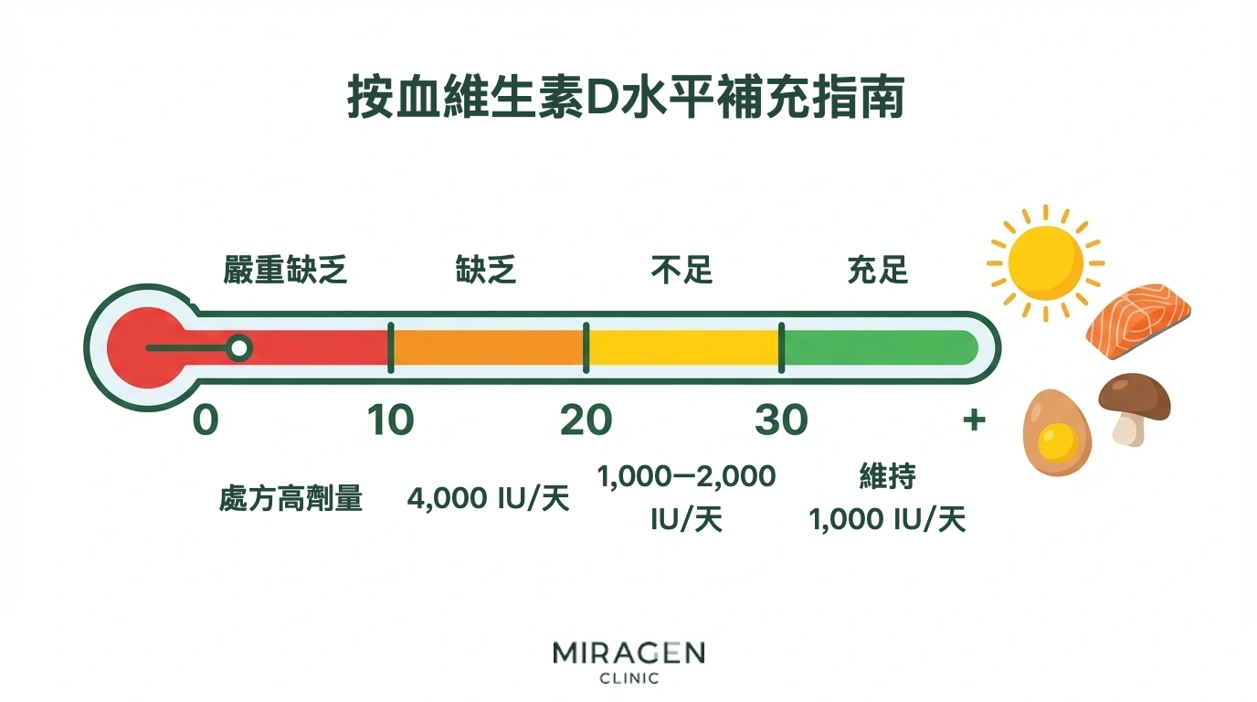 溫度計形式的維生素 D 檢查結果指南資訊圖，顯示不同缺乏程度與建議補充劑量
