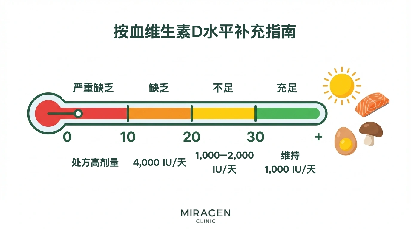 温度计形式的维生素 D 检查结果指南信息图，显示不同缺乏程度与建议补充剂量