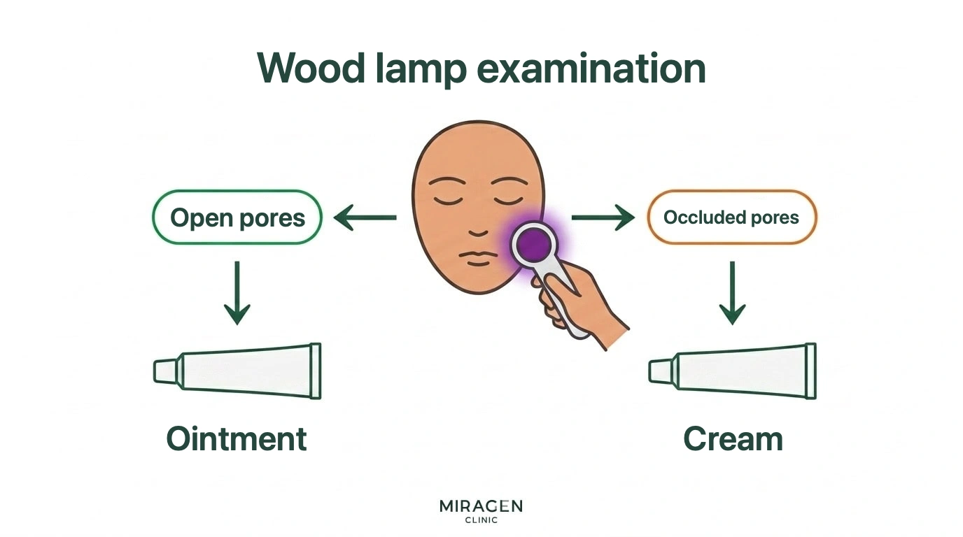 A facial atopic dermatitis ointment prescribing flowchart: after checking pore status with a Wood’s lamp exam, choose ointment if pores are open, and cream if pores are clogged