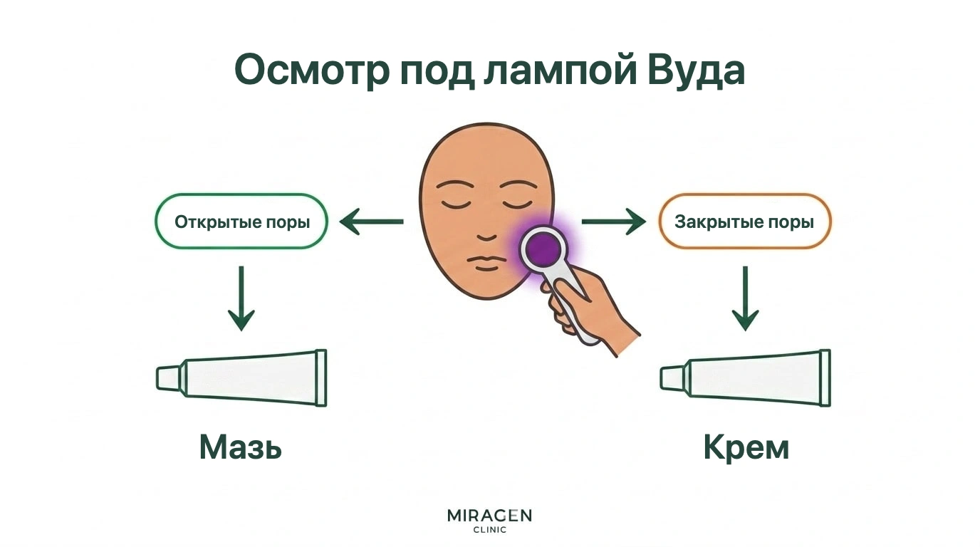 Схема выбора формы при атопическом дерматите лица: после оценки пор лампой Вуда при открытых порах выбирают мазь, а при закупоренных — крем
