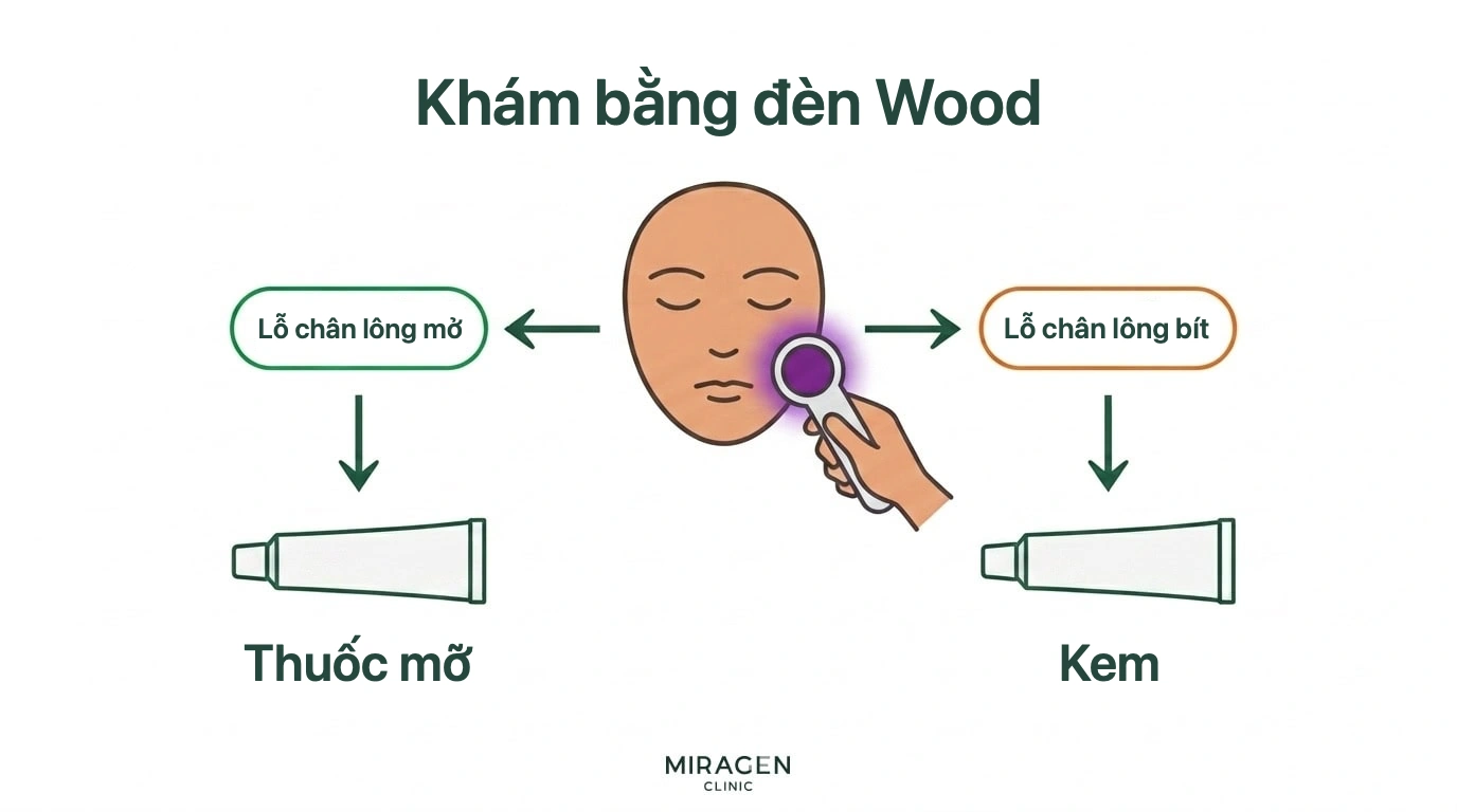 Sơ đồ lựa chọn thuốc bôi sau kiểm tra đèn Wood: lỗ chân lông thông thoáng chọn thuốc mỡ, bị bít chọn kem