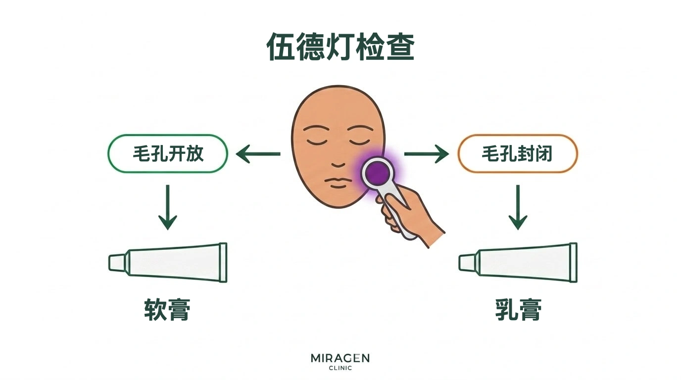 面部特应性皮炎外用药选择流程图:先用伍德灯检查毛孔;毛孔通畅时考虑软膏,毛孔堵塞时考虑乳膏