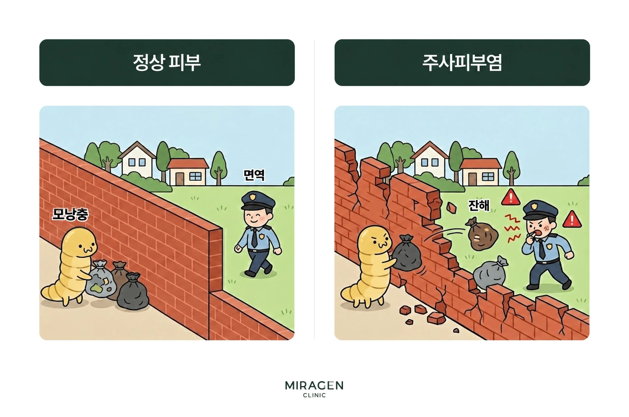유황비누로 모낭충을 억제하려는 시도의 한계 — 무너진 피부 장벽 틈으로 모낭충이 증식하여 주사 피부염을 악화시키는 원리를 비유적으로 설명하는 일러스트