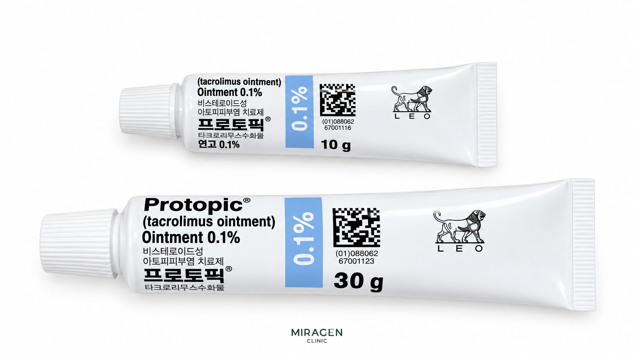 白色背景上,上下排列的Protopic軟膏0.1% 10g軟管與30g軟管